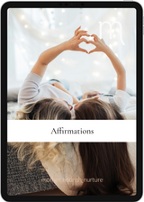 Two people making a heart shape with their hands on a tablet screen with 'Affirmations' text and the 'mother nourish nurture' logo.